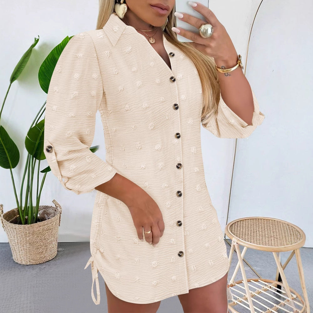 Hot Selling Polka Dot Jacquard Stand Collar Drawstring Shirt Dress
