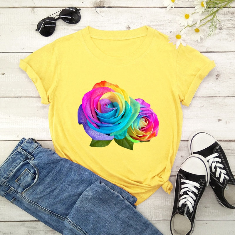 Summer Cotton Women T Shirt 5XL Plus Size Colorful Flower Print Short Sleeve Women Tees Shirt Top Casual O-Neck Female TShirt