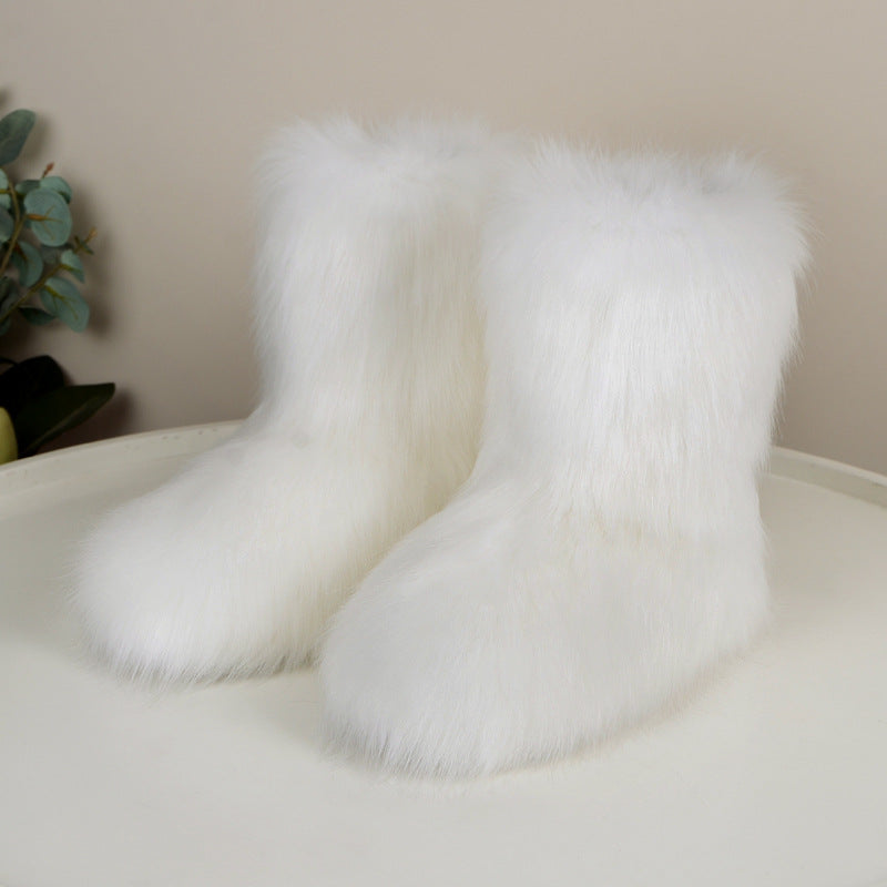 Winter Fuzzy Boots Women  Shoes Fluffy Fur Snow Boots Plush lining Slip-on Rubber Flat Outdoor Bowtie Warm Ladies Footwear