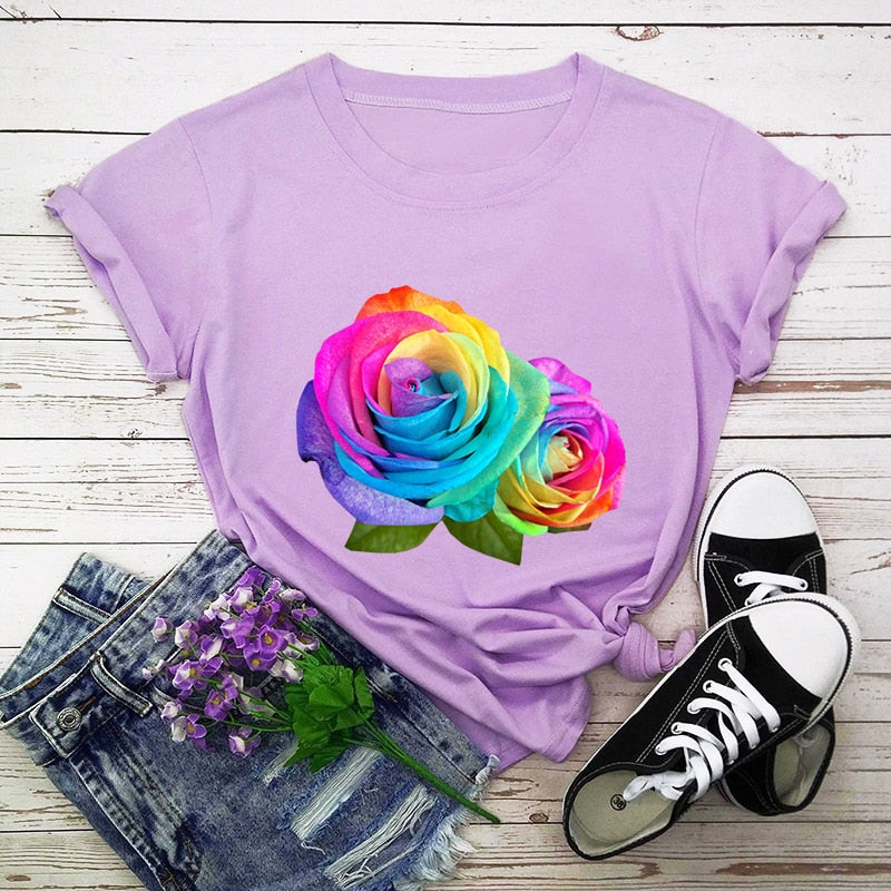 Summer Cotton Women T Shirt 5XL Plus Size Colorful Flower Print Short Sleeve Women Tees Shirt Top Casual O-Neck Female TShirt