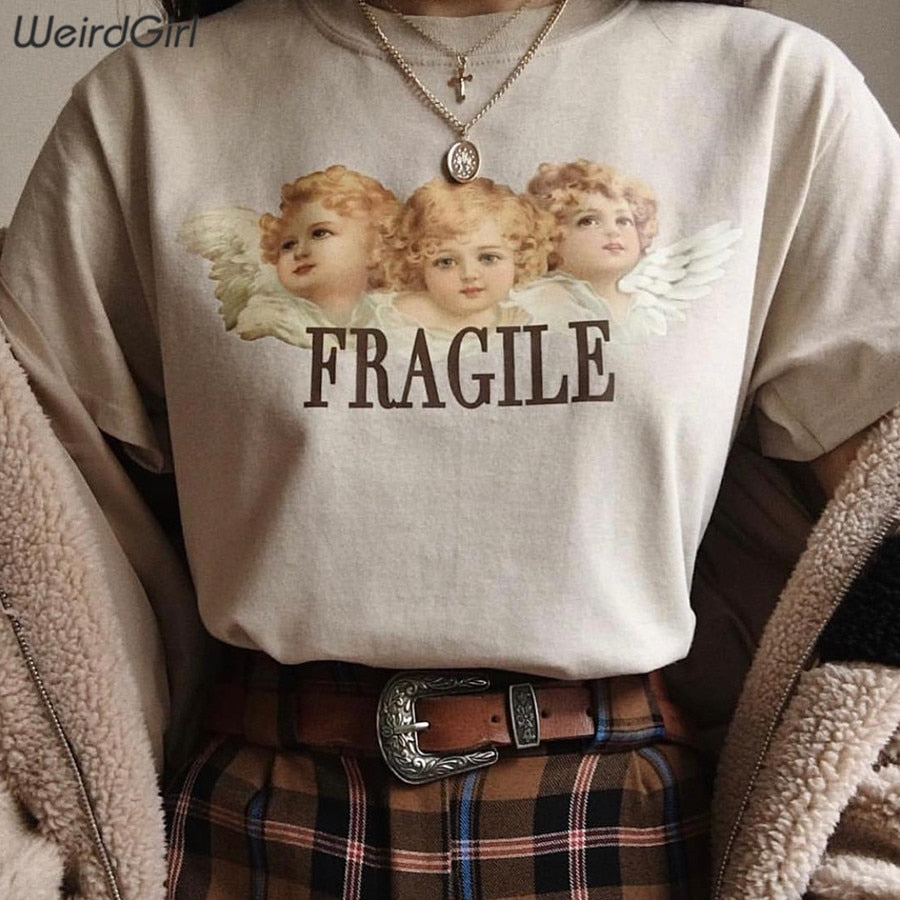 Weirdgirl Women Baby Angel Printing Casual Fashion T-shirts letter Short Sleeve O-Neck Khaki Loose Female Tees Summer