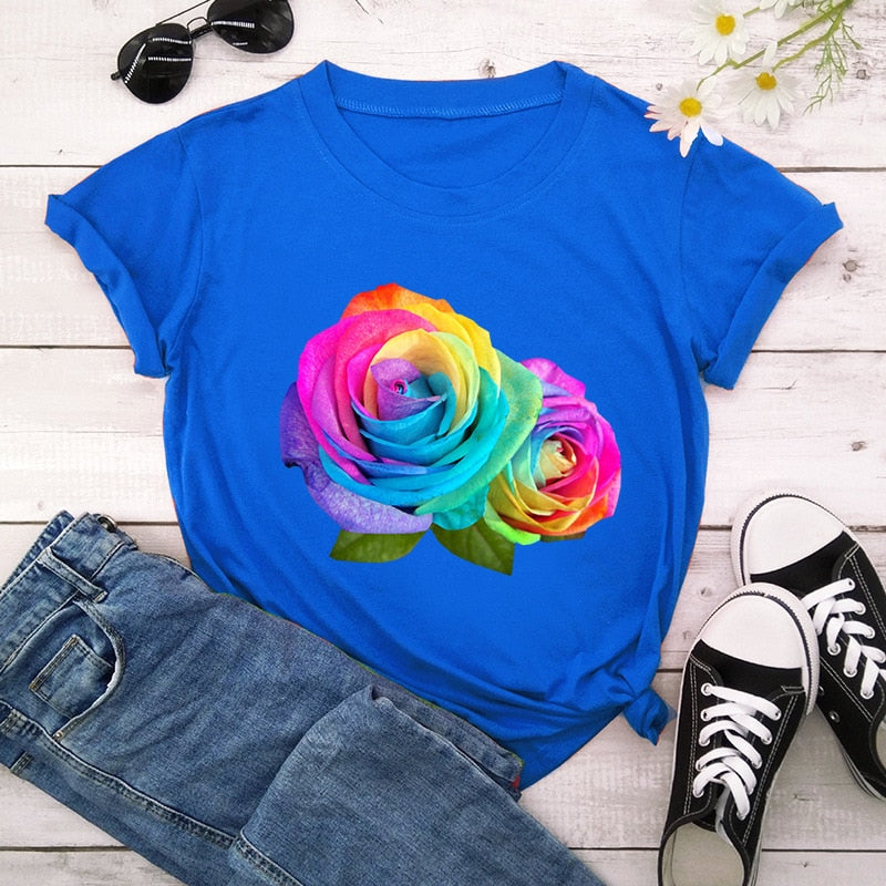 Summer Cotton Women T Shirt 5XL Plus Size Colorful Flower Print Short Sleeve Women Tees Shirt Top Casual O-Neck Female TShirt