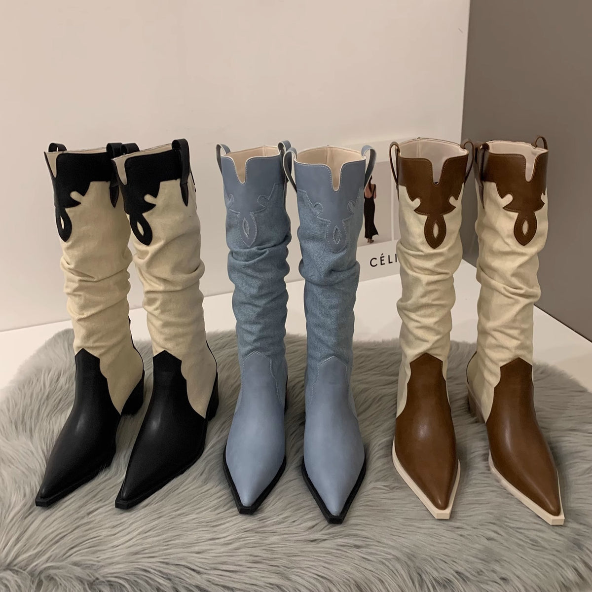 Western Cowboy Women's High Boots Low Heel Ladies Pointed Toe Knee High Boots Shoes Winter High Quality Suede Shoes