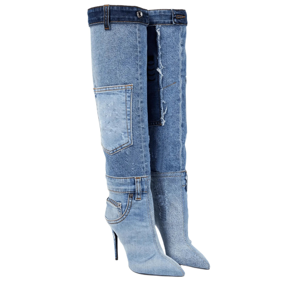 Women Worn Washed Cloth Over The Knee Boots Sexy Ladies Dilapidated  Blue Denim Pocket Pointed Toe High Heels Party Shoes