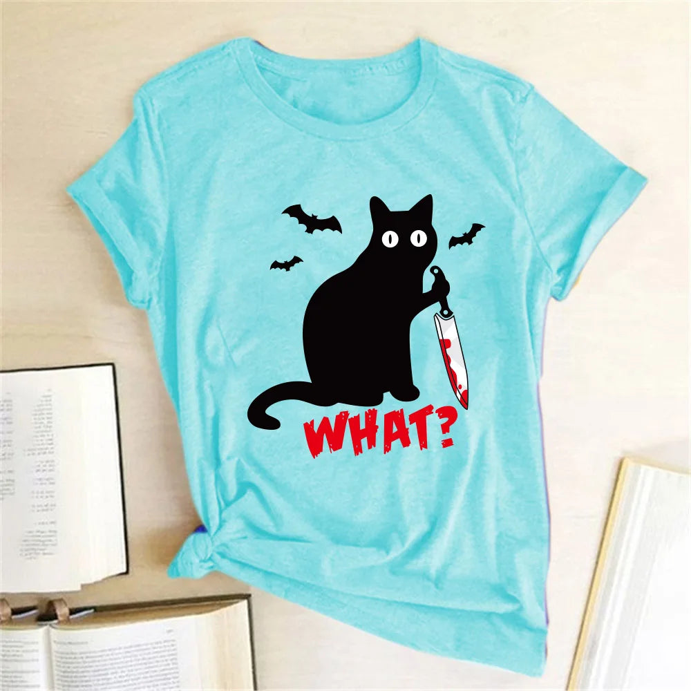 Black Cat What Tshirt Murderous Cat Knife Women Funny T Shirt Short Sleeve Halloween Tops Tees