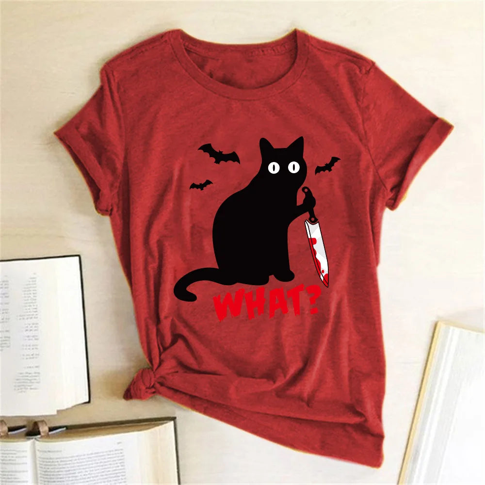 Black Cat What Tshirt Murderous Cat Knife Women Funny T Shirt Short Sleeve Halloween Tops Tees