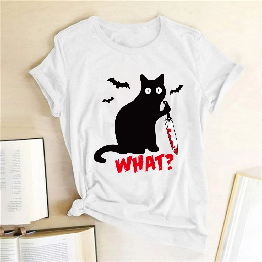 Black Cat What Tshirt Murderous Cat Knife Women Funny T Shirt Short Sleeve Halloween Tops Tees