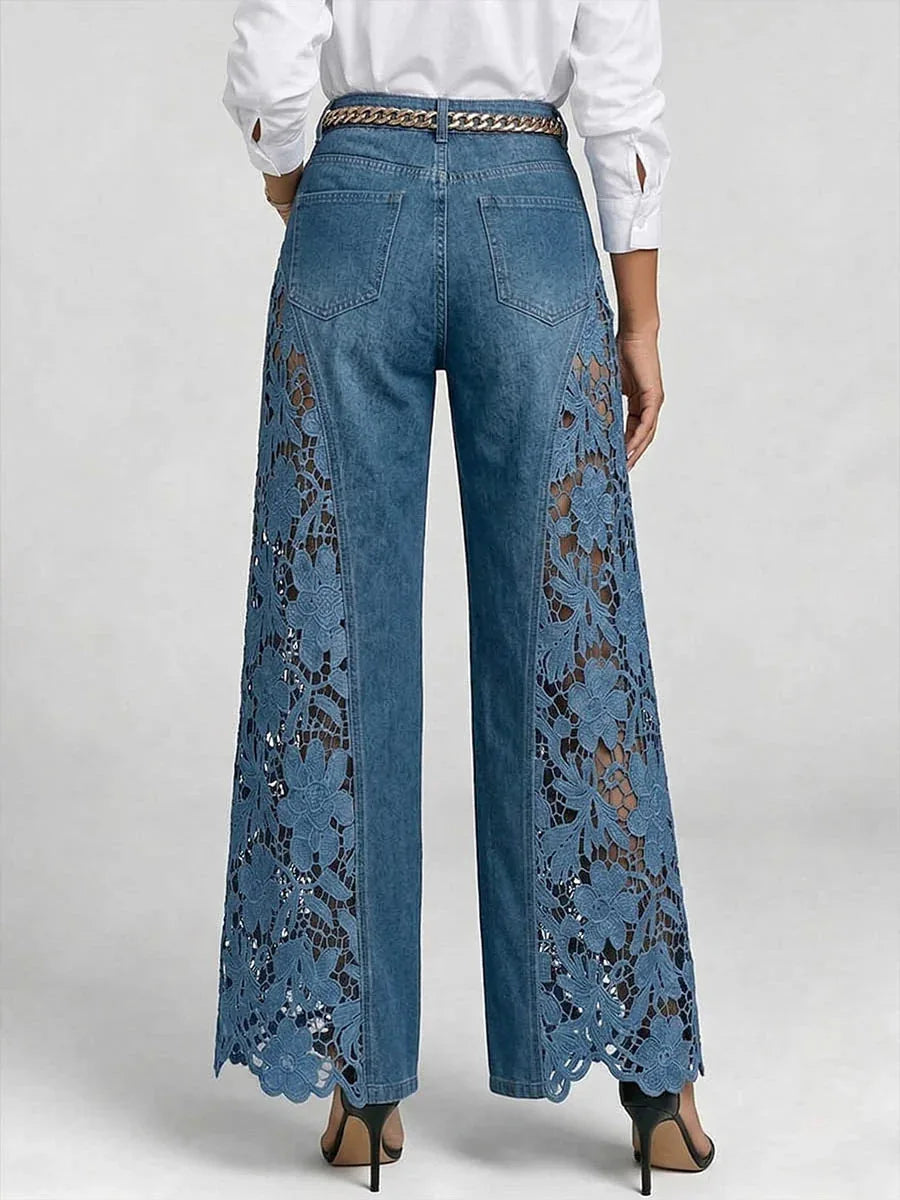 High Waist Lace Spliced Wide Leg Jeans – Women's Flowy Denim