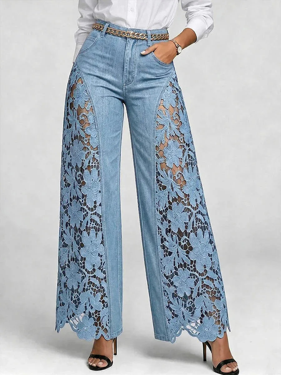 High Waist Lace Spliced Wide Leg Jeans – Women's Flowy Denim