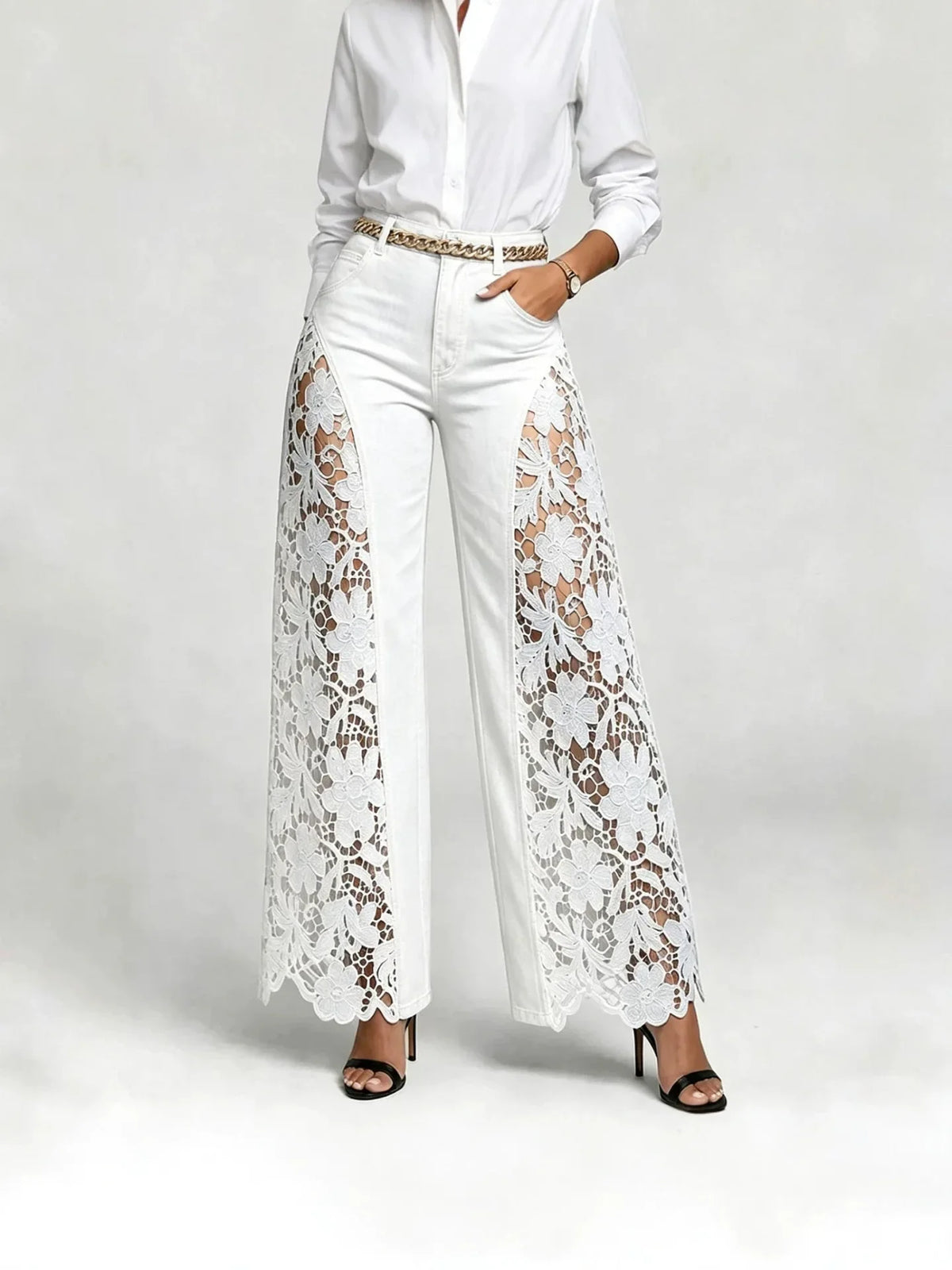 High Waist Lace Spliced Wide Leg Jeans – Women's Flowy Denim