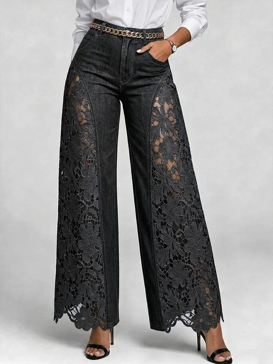 High Waist Lace Spliced Wide Leg Jeans – Women's Flowy Denim
