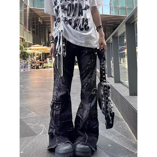 Y2K Baggy Flare Patchwork Jeans – Vintage Harajuku Style