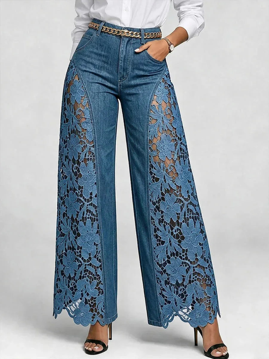High Waist Lace Spliced Wide Leg Jeans – Women's Flowy Denim