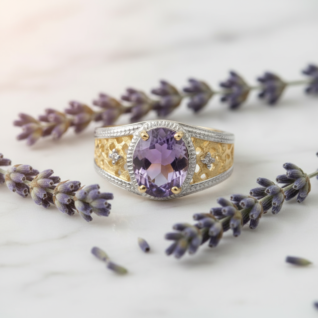 Amethyst Ring - Marble Flatlay