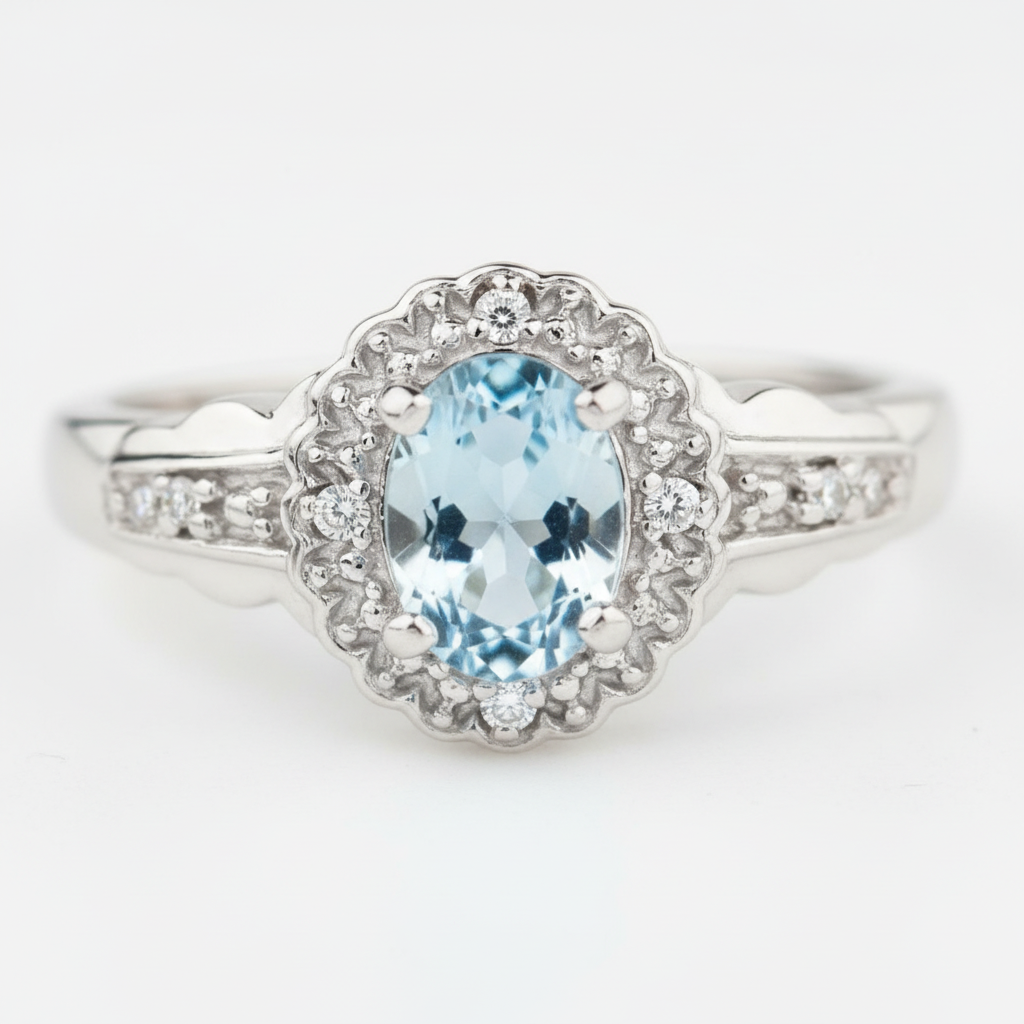 Aquamarine Halo Ring