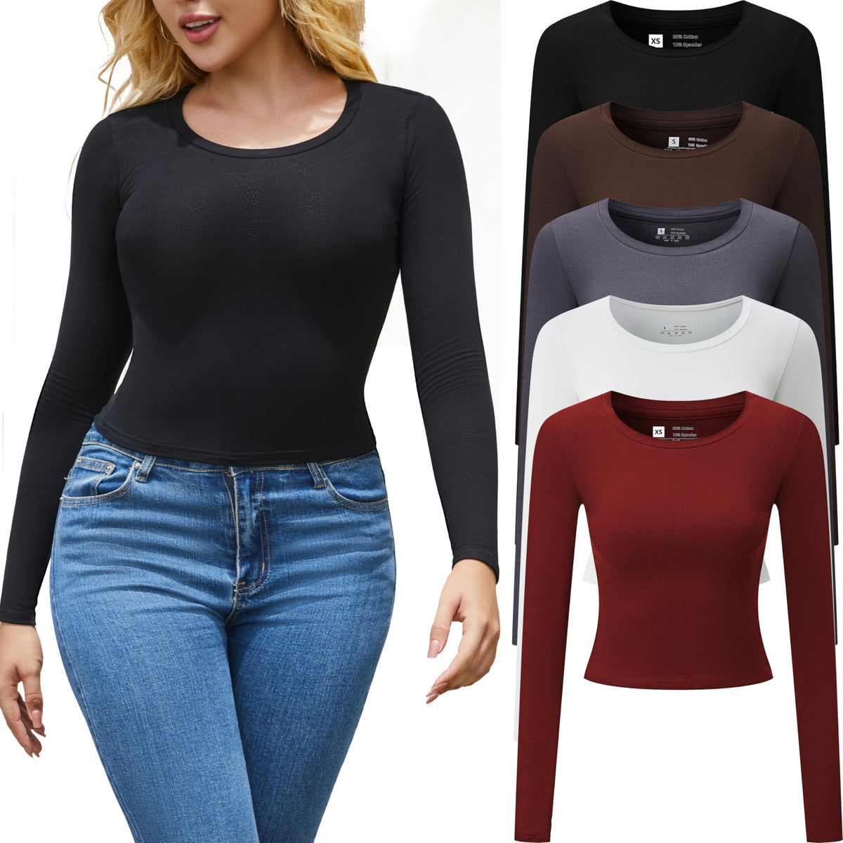 FMNNNN 5 Pack Womens Activewear T Shirts Long Sleeve Crop Tops Crew Neck Ribbed Cotton Workout Fall Winter Apparel Soft Ladies Tees Moisture Wicking Fitted Casual Stretchy Basic Running Clothing