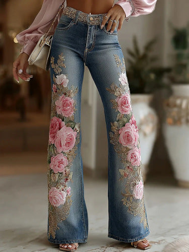 Retro Print Faux Denim Jeans – Women's Statement Pants