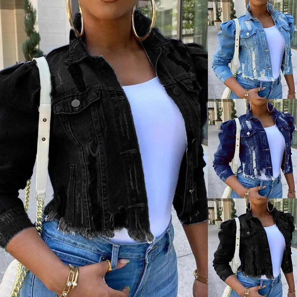 Vintage Ripped Puff Sleeve Denim Jacket – Women's Streetwear