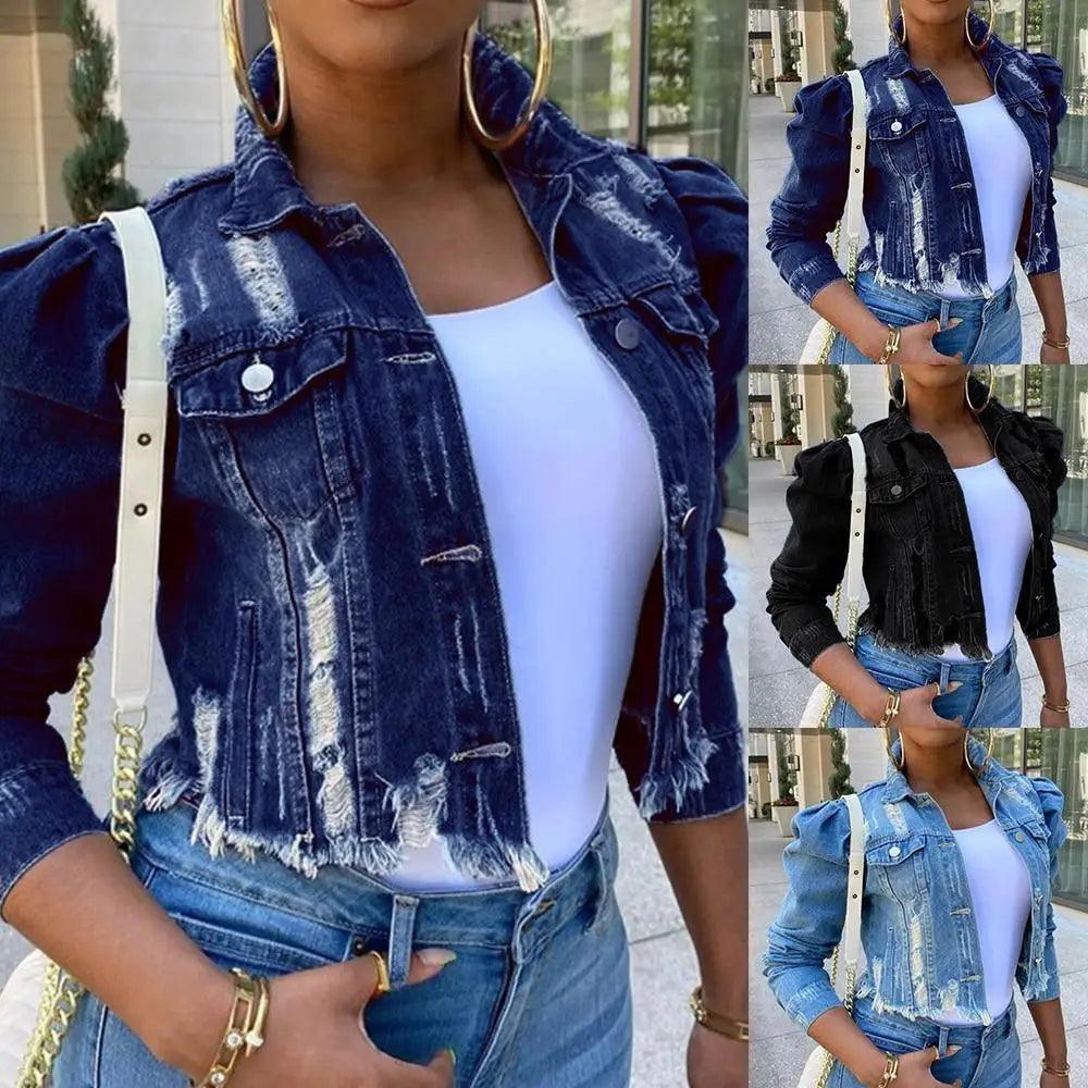 Vintage Ripped Puff Sleeve Denim Jacket – Women's Streetwear