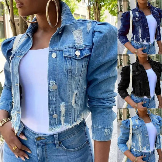 Vintage Ripped Puff Sleeve Denim Jacket – Women's Streetwear