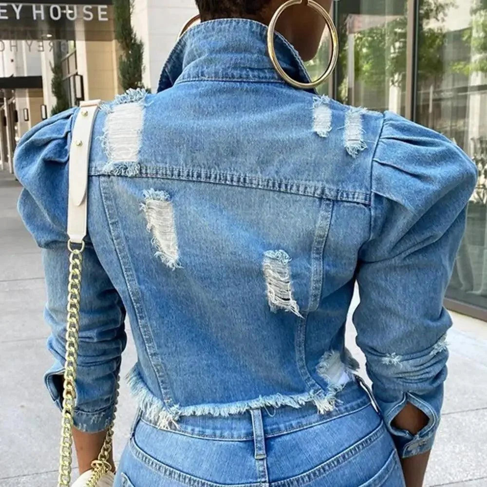 Vintage Ripped Puff Sleeve Denim Jacket – Women's Streetwear