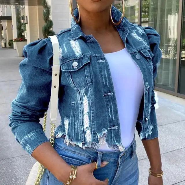 Vintage Ripped Puff Sleeve Denim Jacket – Women's Streetwear