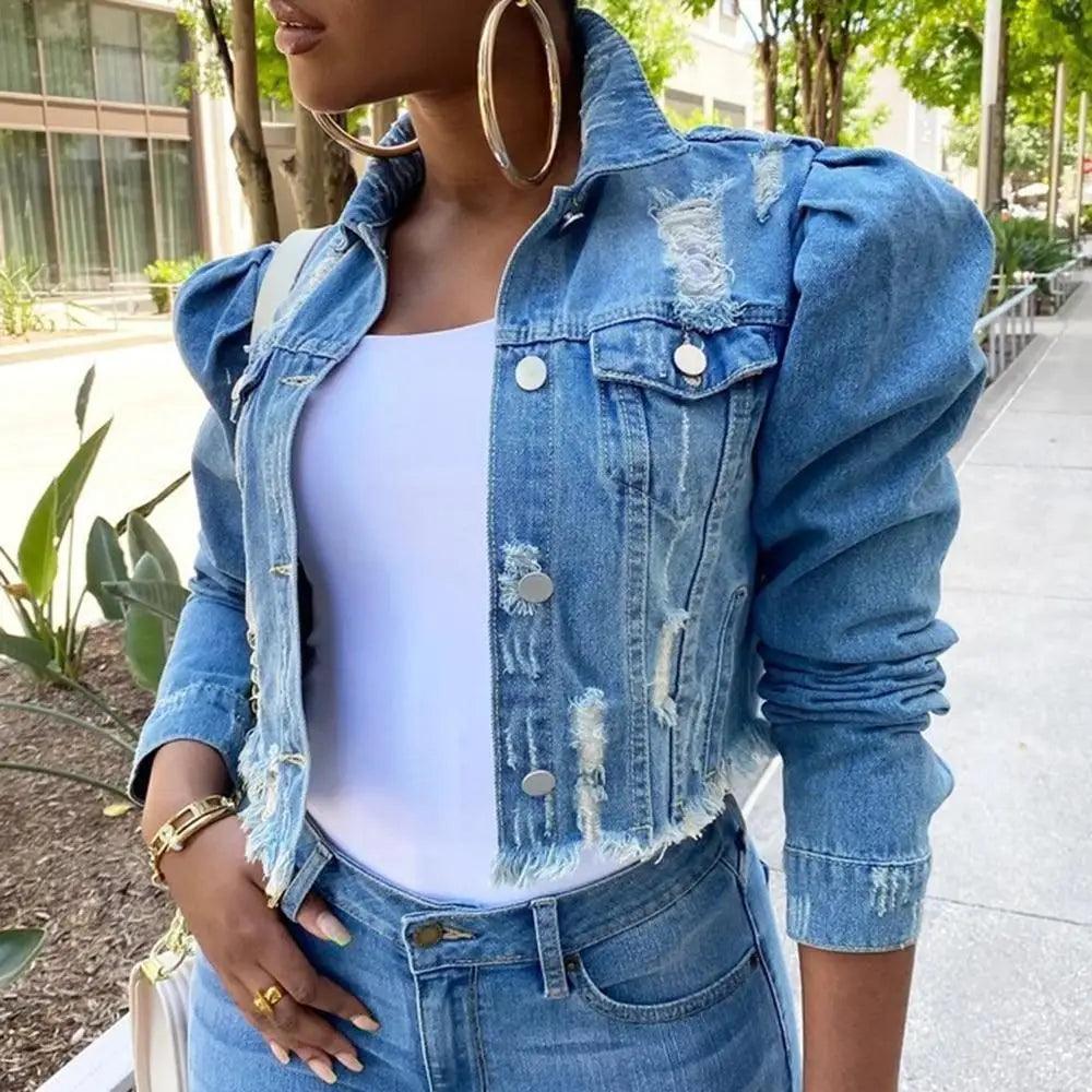 Vintage Ripped Puff Sleeve Denim Jacket – Women's Streetwear