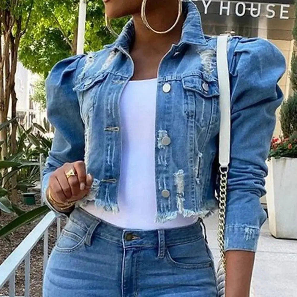 Vintage Ripped Puff Sleeve Denim Jacket – Women's Streetwear