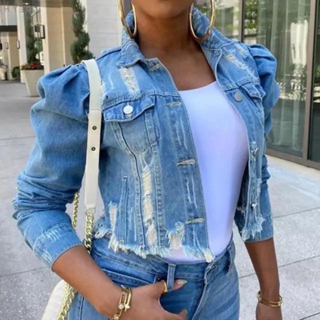 Vintage Ripped Puff Sleeve Denim Jacket – Women's Streetwear