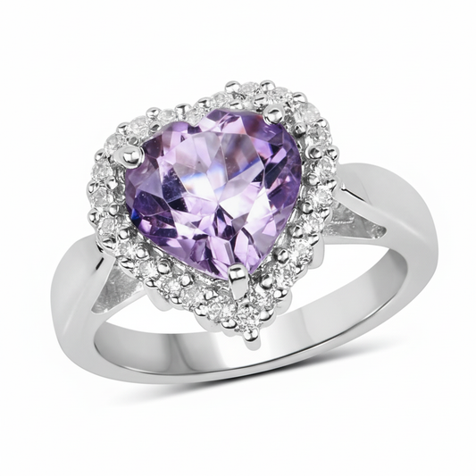 Sterling Silver Heart Amethyst Halo Ring